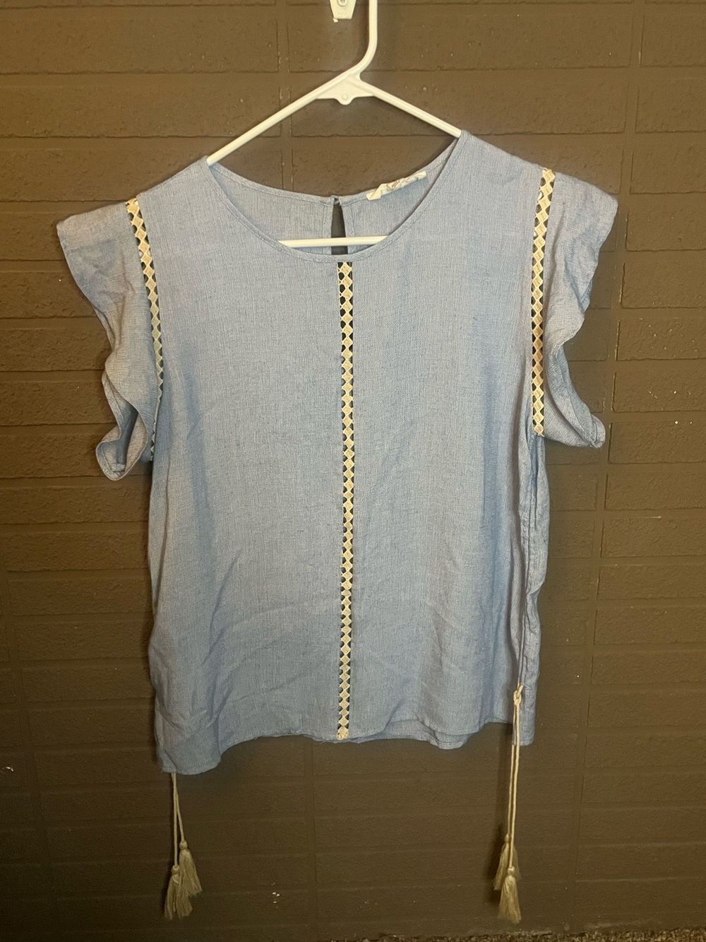 THML Light Blue Embroidered Tassel Sleeve Top